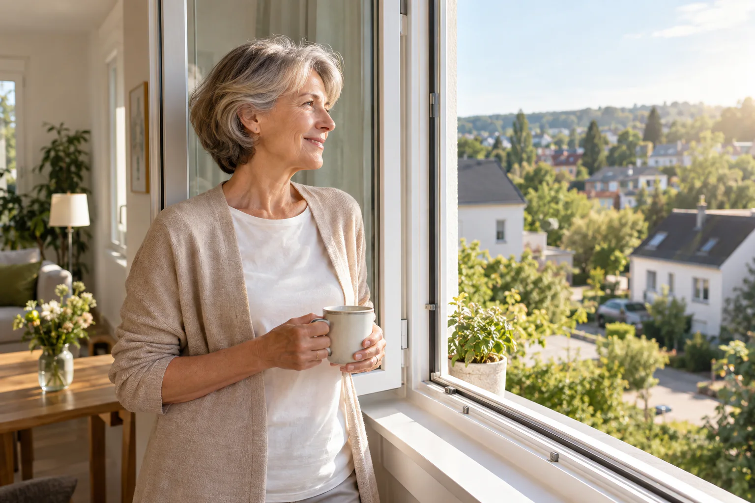 Frau steht in einem hellen neuen Zuhause am offenen Fenster